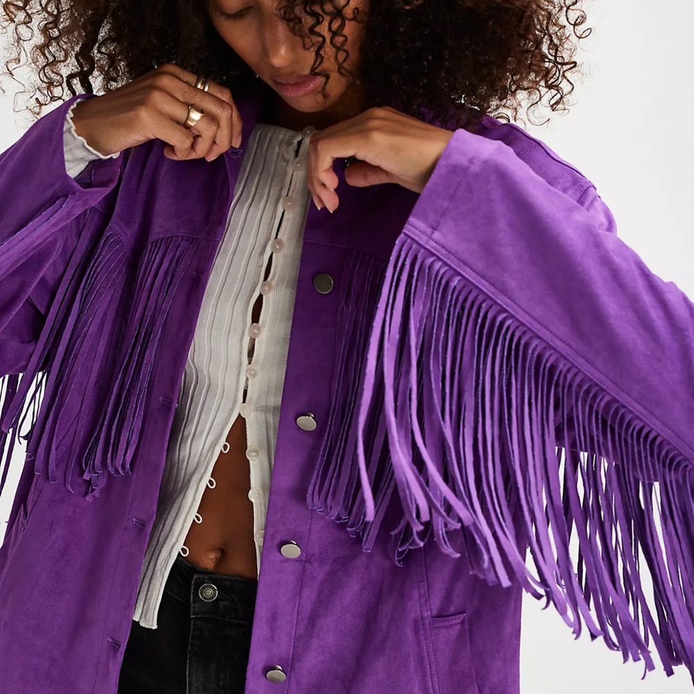 We The Free Purple Fringe Leather Jacket